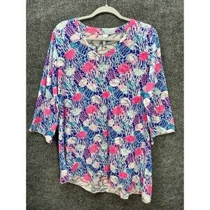 Lulu-B 3/4 Sleeve Tunic Top Womens Large Pink Blue Jellyfish Asymmetric Burnout
